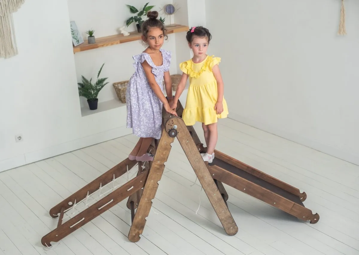 3in1 Montessori Climbing Frame Set: Triangle Ladder   Slide Board/Ramp   Net – Chocolate