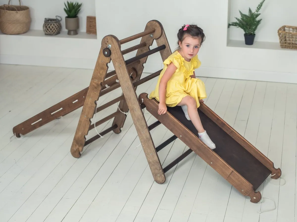 3in1 Montessori Climbing Frame Set: Triangle Ladder   Slide Board/Ramp   Net – Chocolate