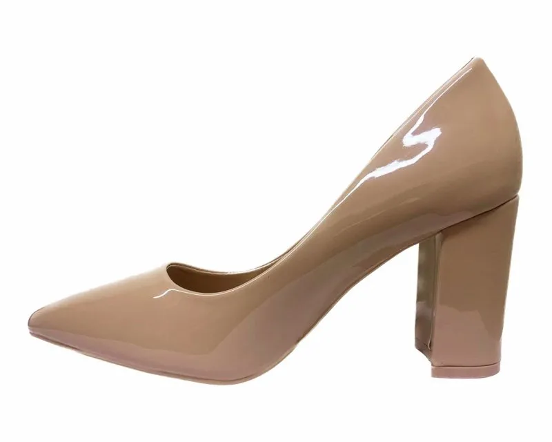 Block Heel Faux Patent Court Shoes