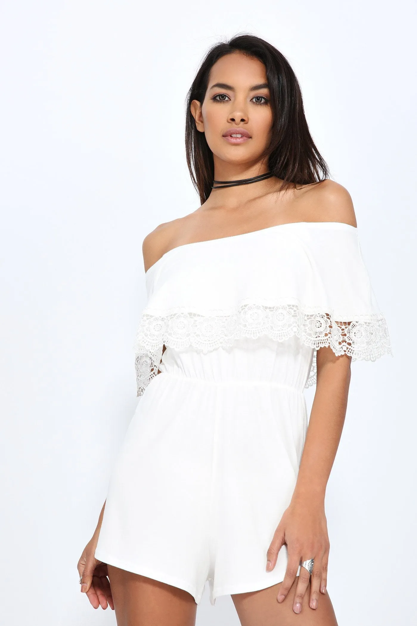 Cream Crochet Trim Bardot Playsuit