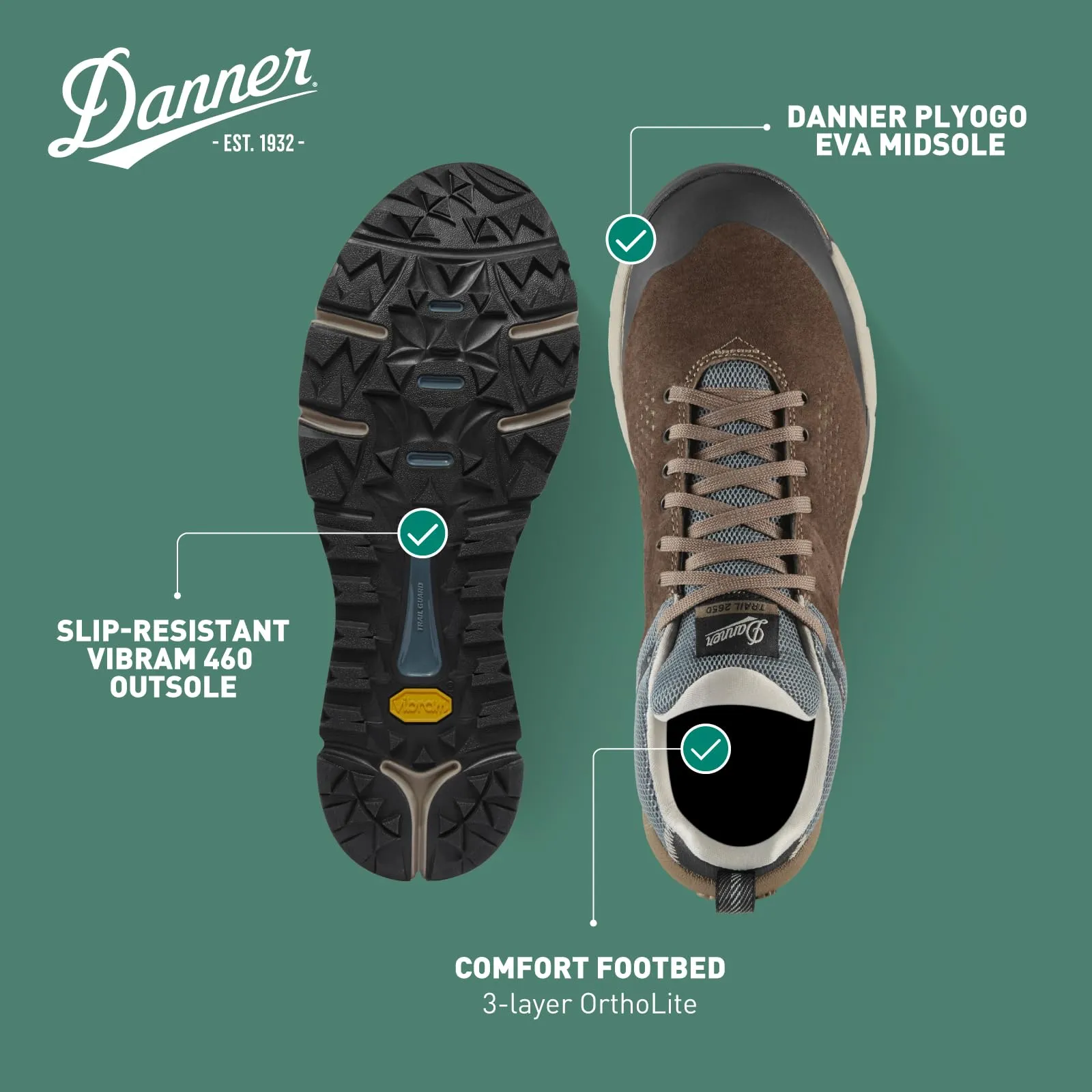 Danner Trail 2650 3” Waterproof Hiking Shoes for Men  Lining and Vibram Traction Outsole, Kangaroo Brown/Stormy Weather