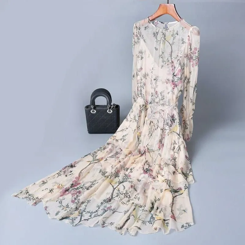 Floral Silk Two-Piece Dress for Women | Natural Silk, Prairie Chic Style, Full Length Sleeves