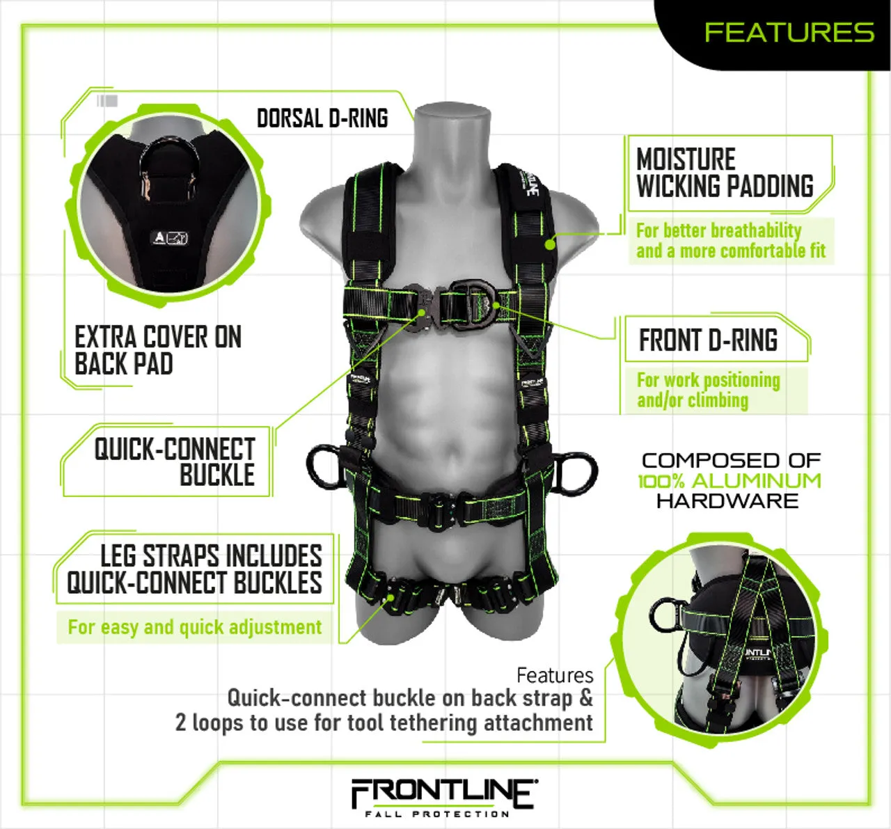 Frontline 200RE Elite Lite Climbing/Rescue Full Body Harness with Aluminum Quick Connect Buckles Universal