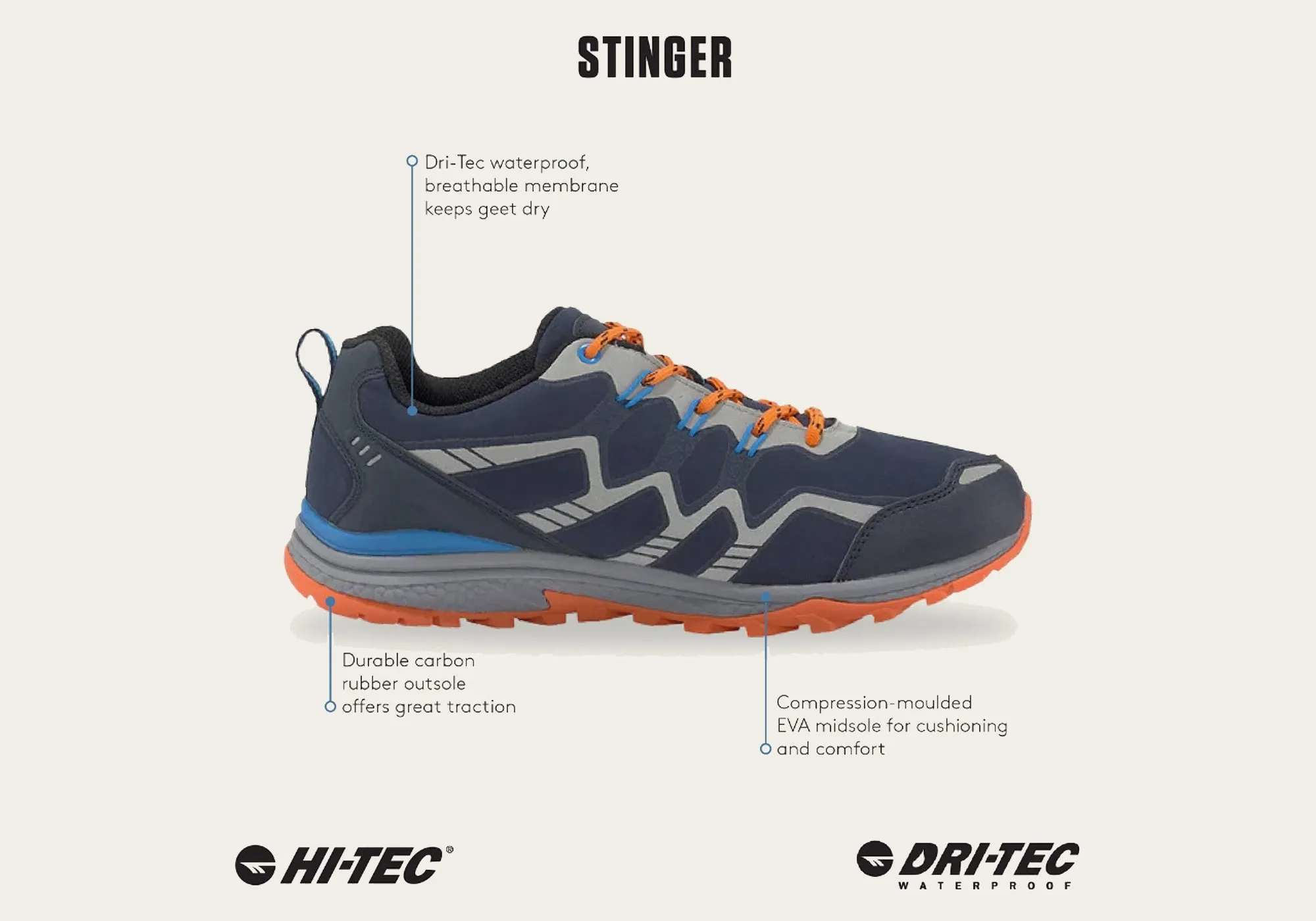 Hi Tec Mens Stinger Waterproof Comfortable Hiking Shoes