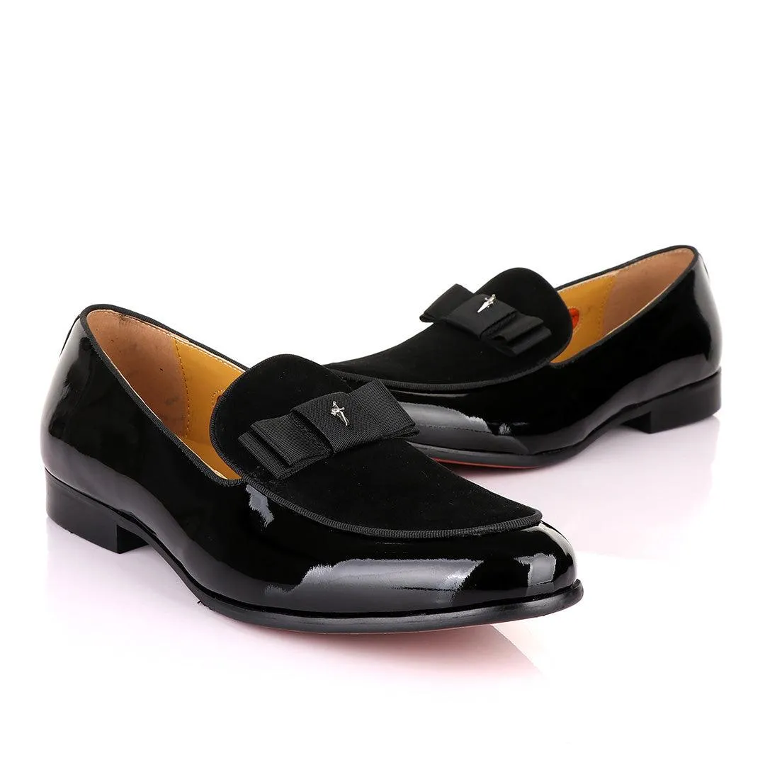 John Mendson Black Patent Bow With Logo Suede Loafers Shoe