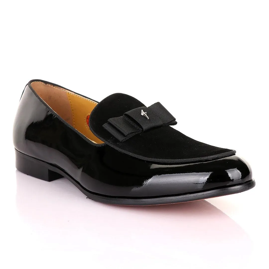 John Mendson Black Patent Bow With Logo Suede Loafers Shoe