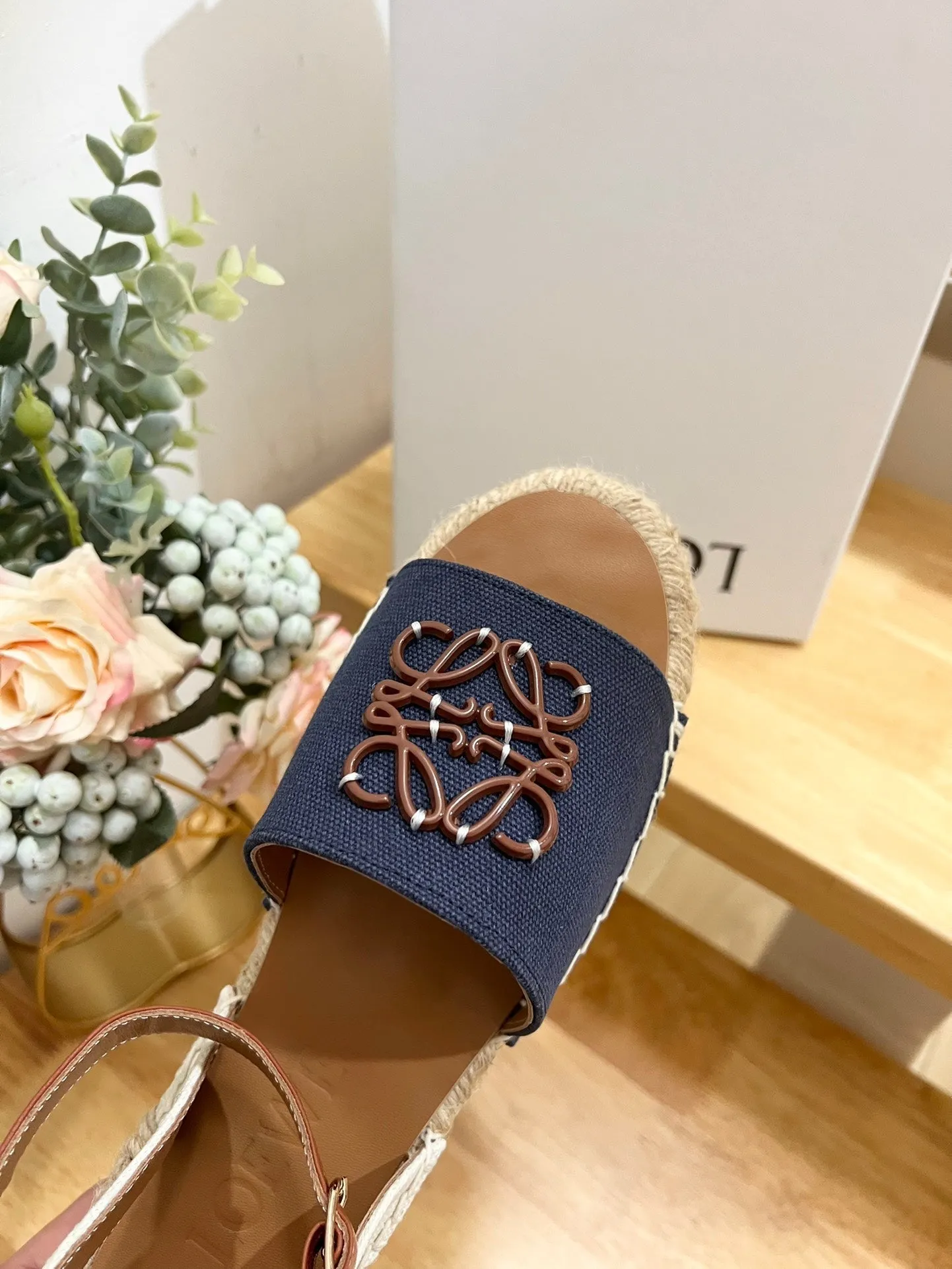 Loew Anagram Denim Brown Leather And Canvas Espadrille Sandals