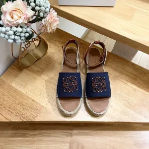 Loew Anagram Denim Brown Leather And Canvas Espadrille Sandals