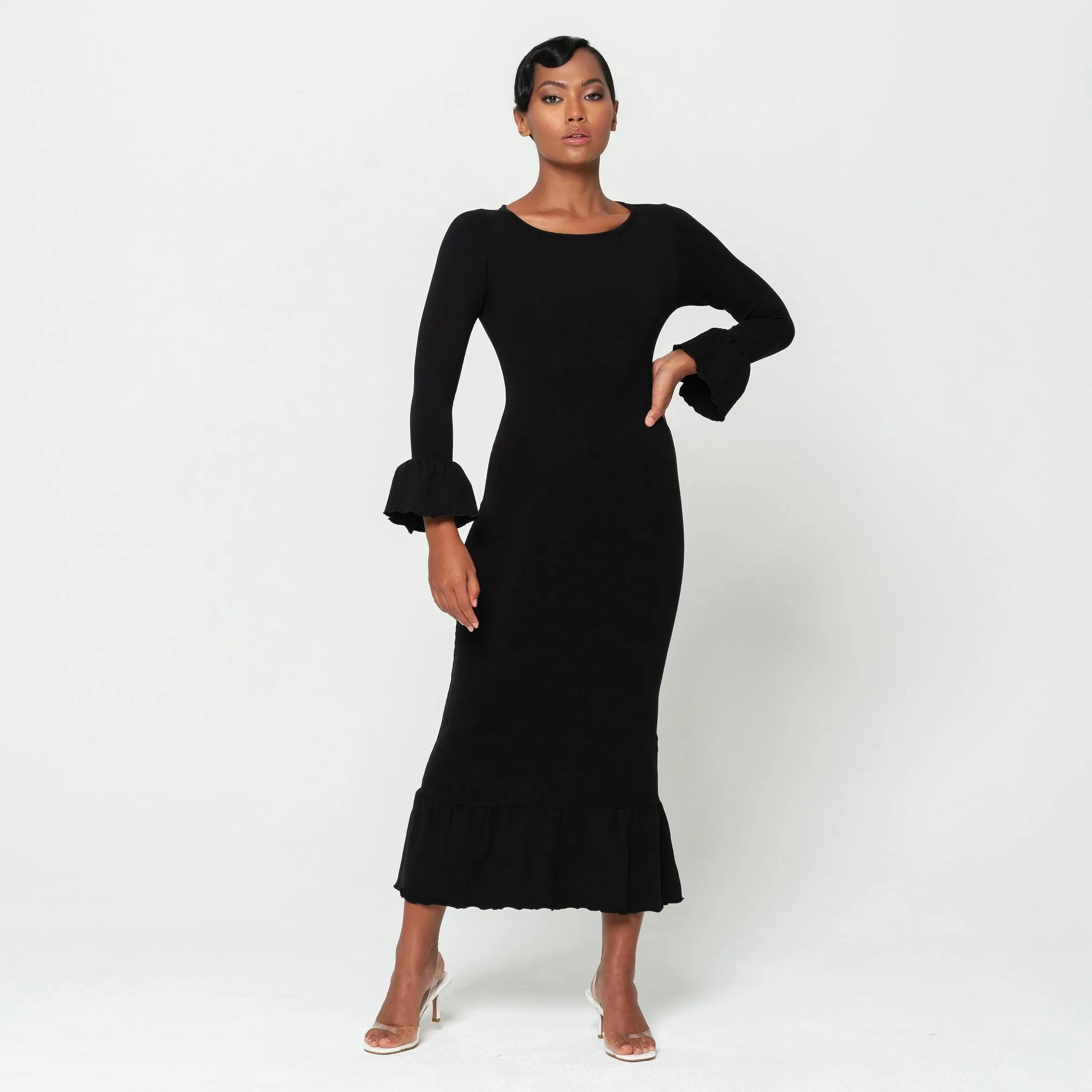 MARJORIE Bamboo Ruffle Dress, Black