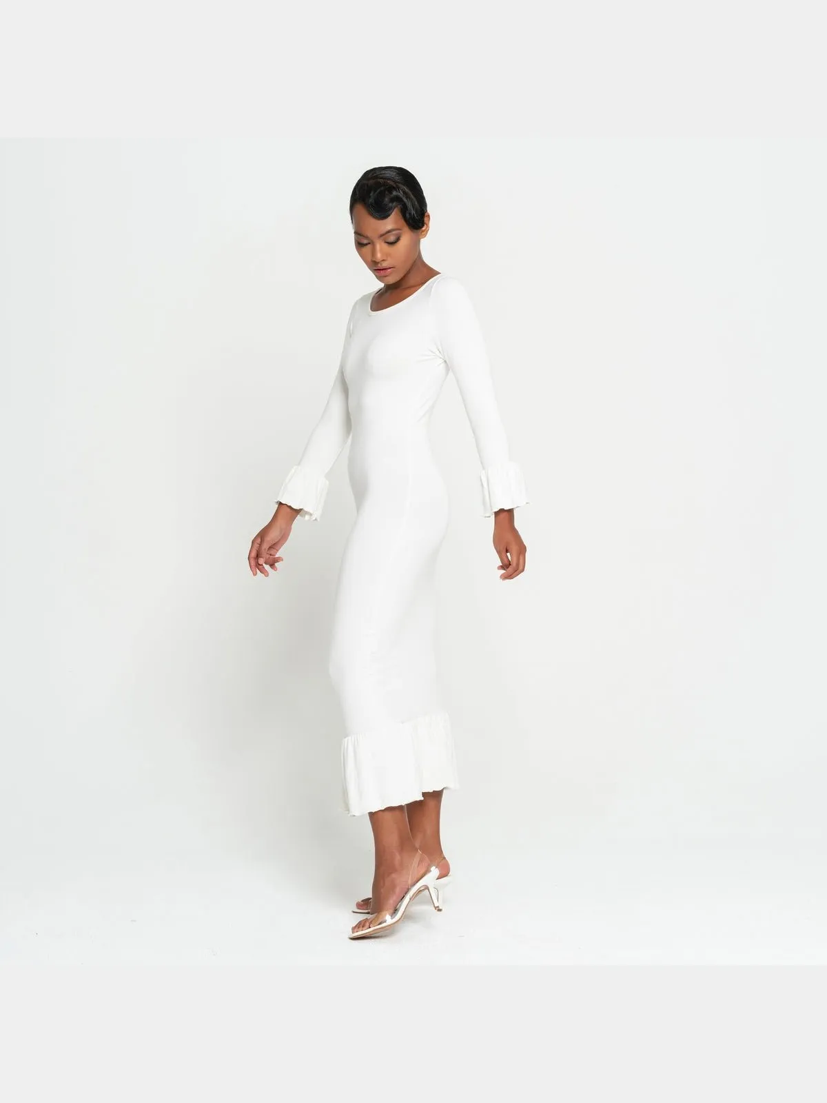 MARJORIE Bamboo Ruffle Dress, in Off-white