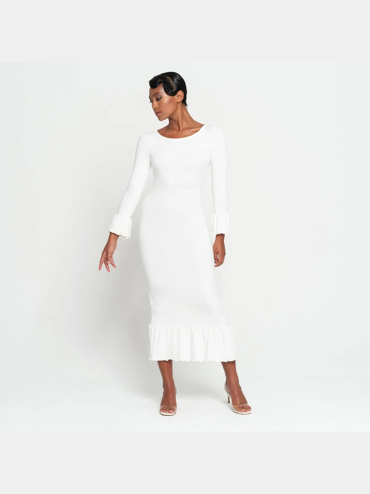 MARJORIE Bamboo Ruffle Dress, in Off-white