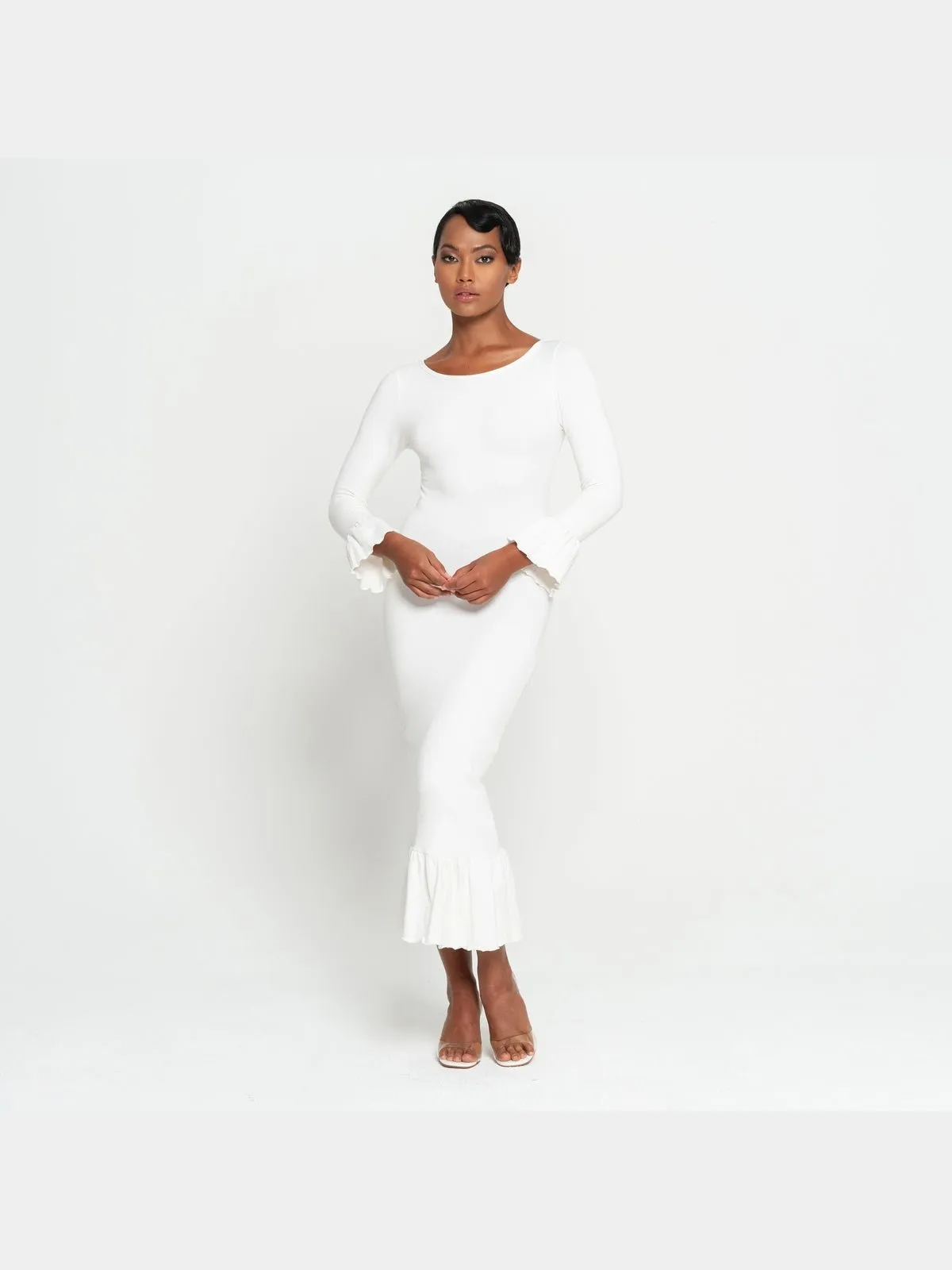 MARJORIE Bamboo Ruffle Dress, in Off-white