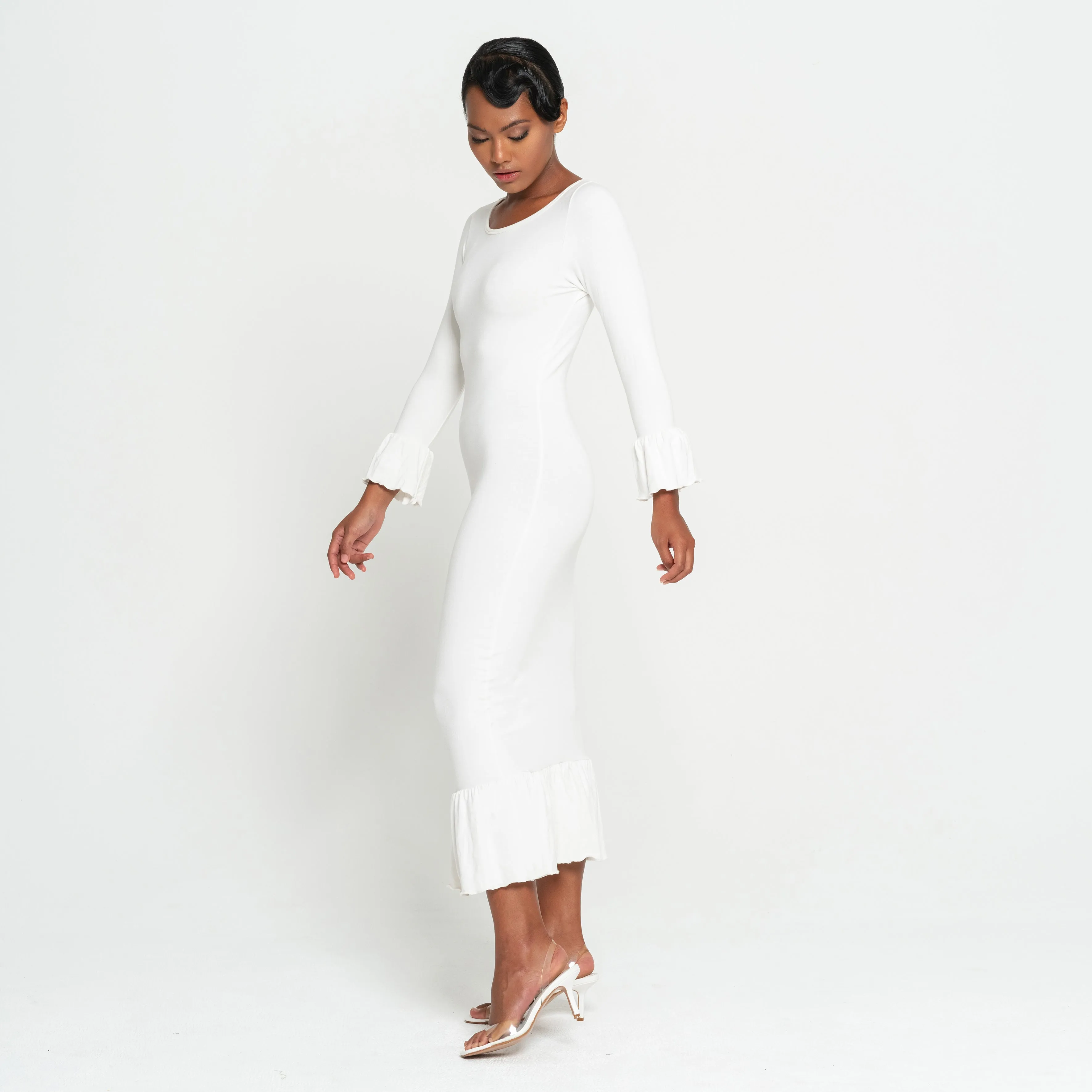 MARJORIE Bamboo Ruffle Dress In Off-white