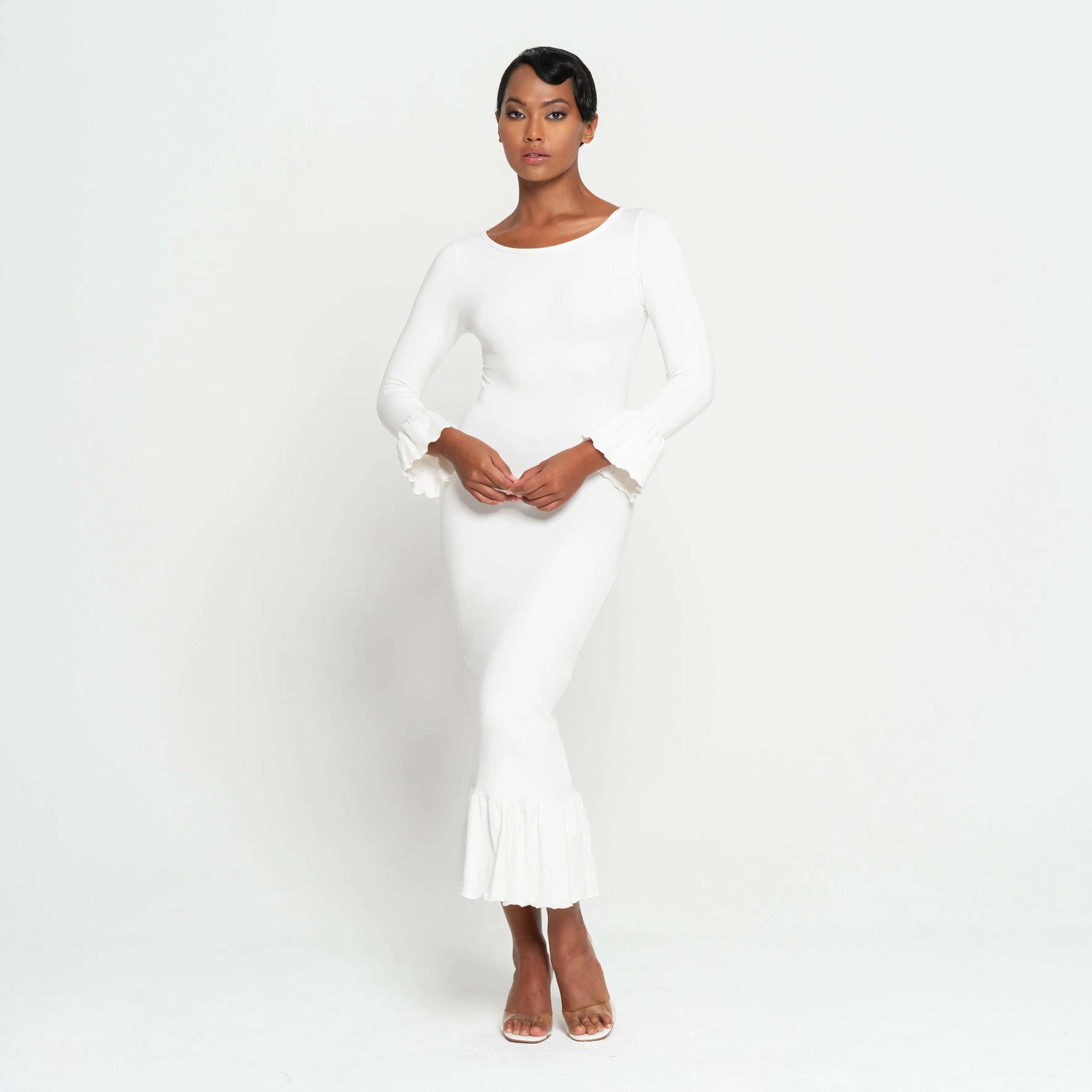 MARJORIE Bamboo Ruffle Dress In Off-white