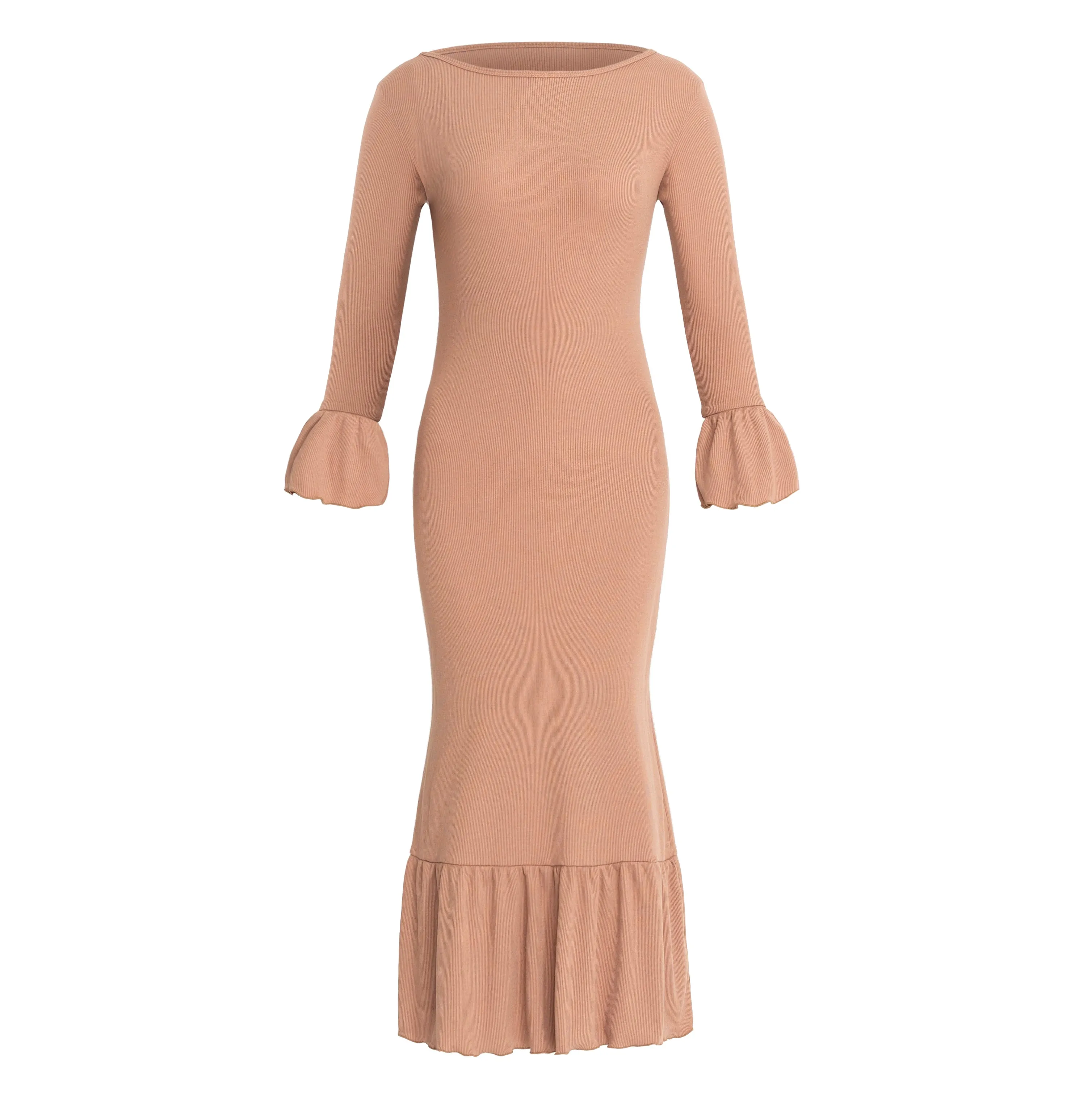 MARJORIE Ruffle Rib Dress, in Camel Brown