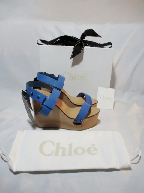 NEW CHLOE PLATFORM WEDGE NAIM CALF Shoe Sandal 36 / 6 BLUE ESPADRILLE