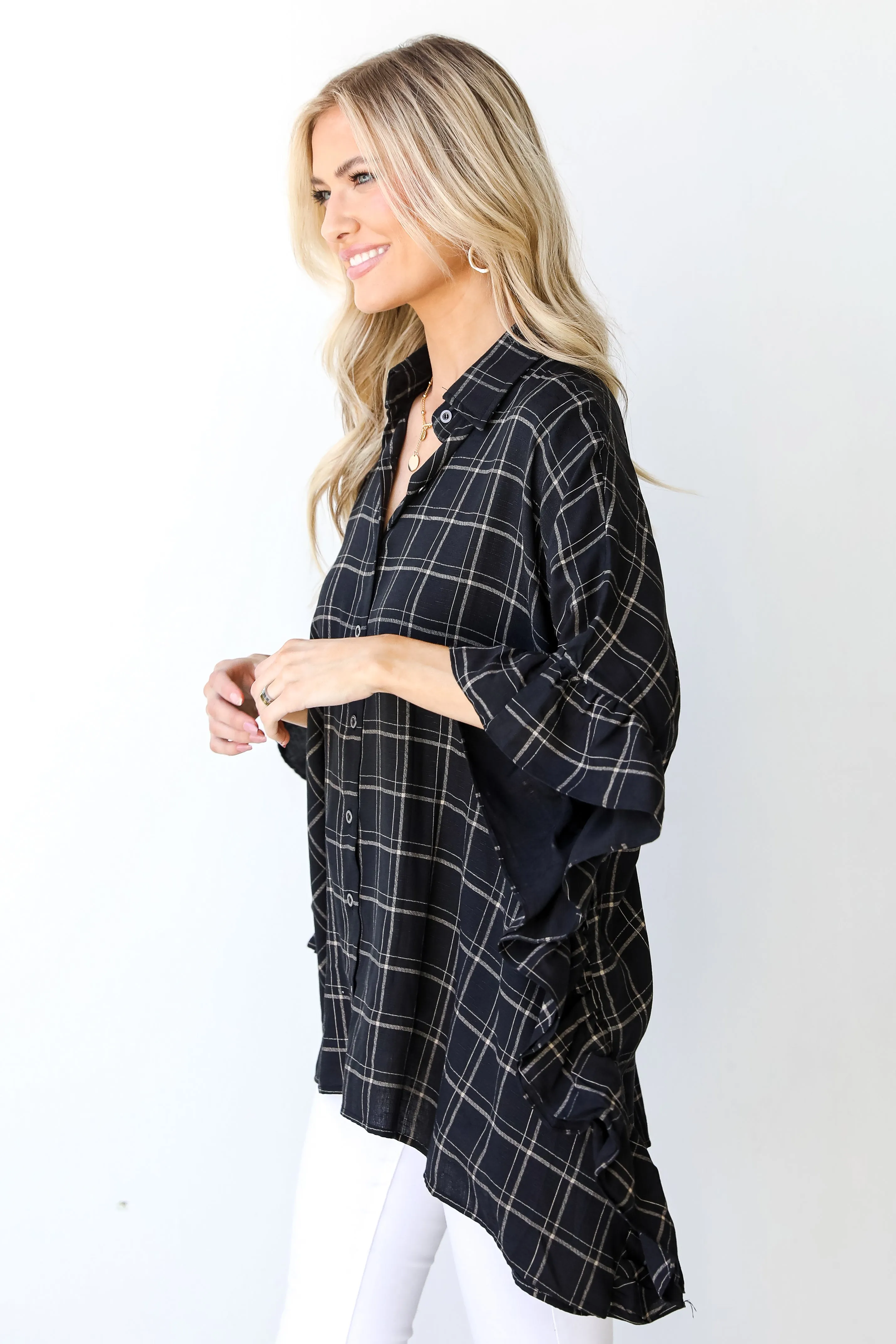 Only Exception Plaid Oversized Ruffle Blouse