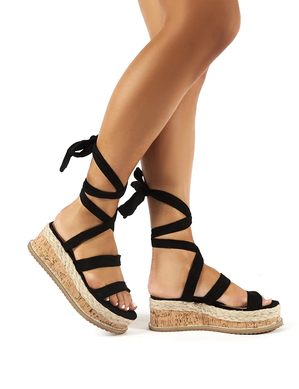 Presca Black Faux Suede Lace Up Sandals