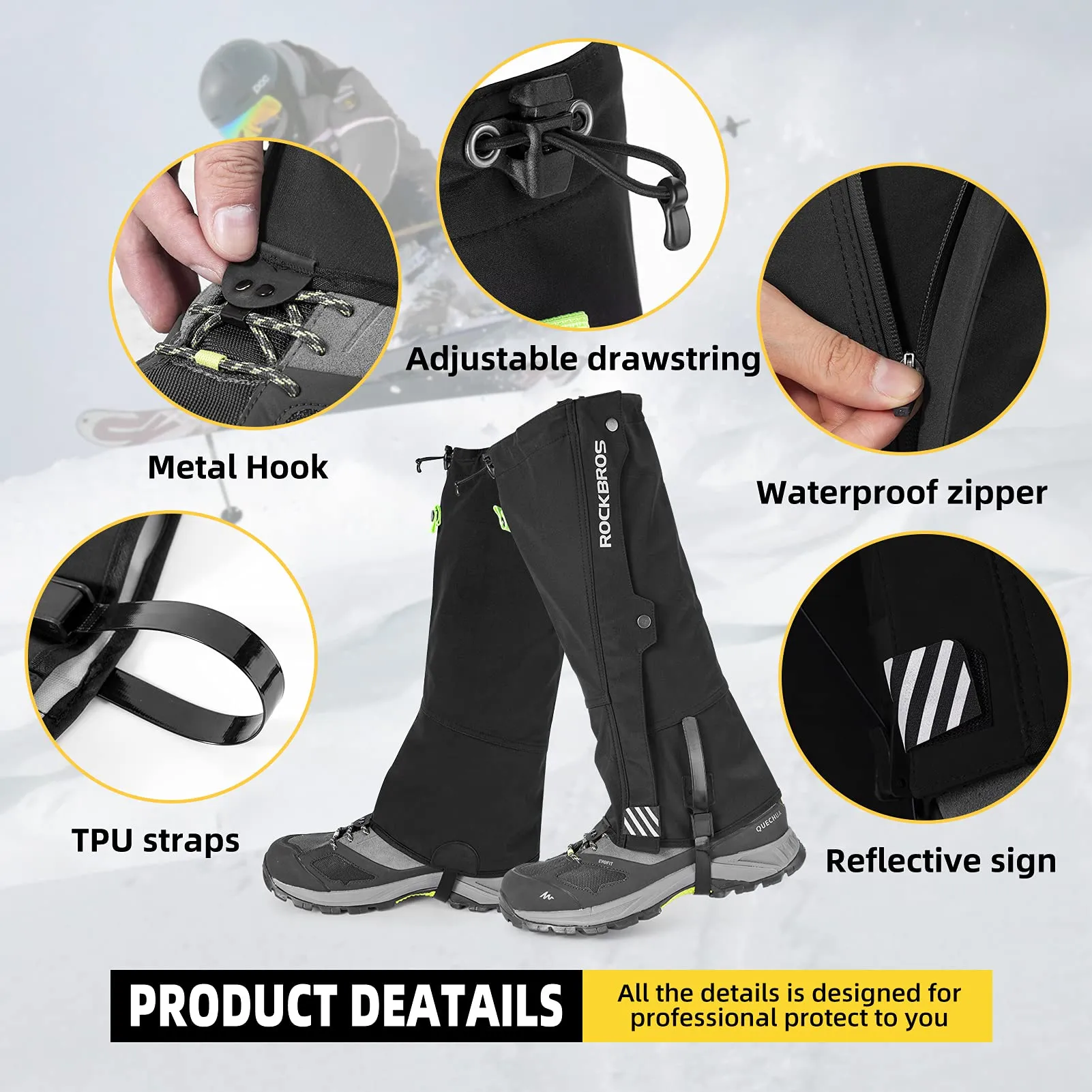 ROCKBROS Snow Boot Leg Gaiters, Waterproof Hiking Gaiters for Winter Sports and Snow Shoes