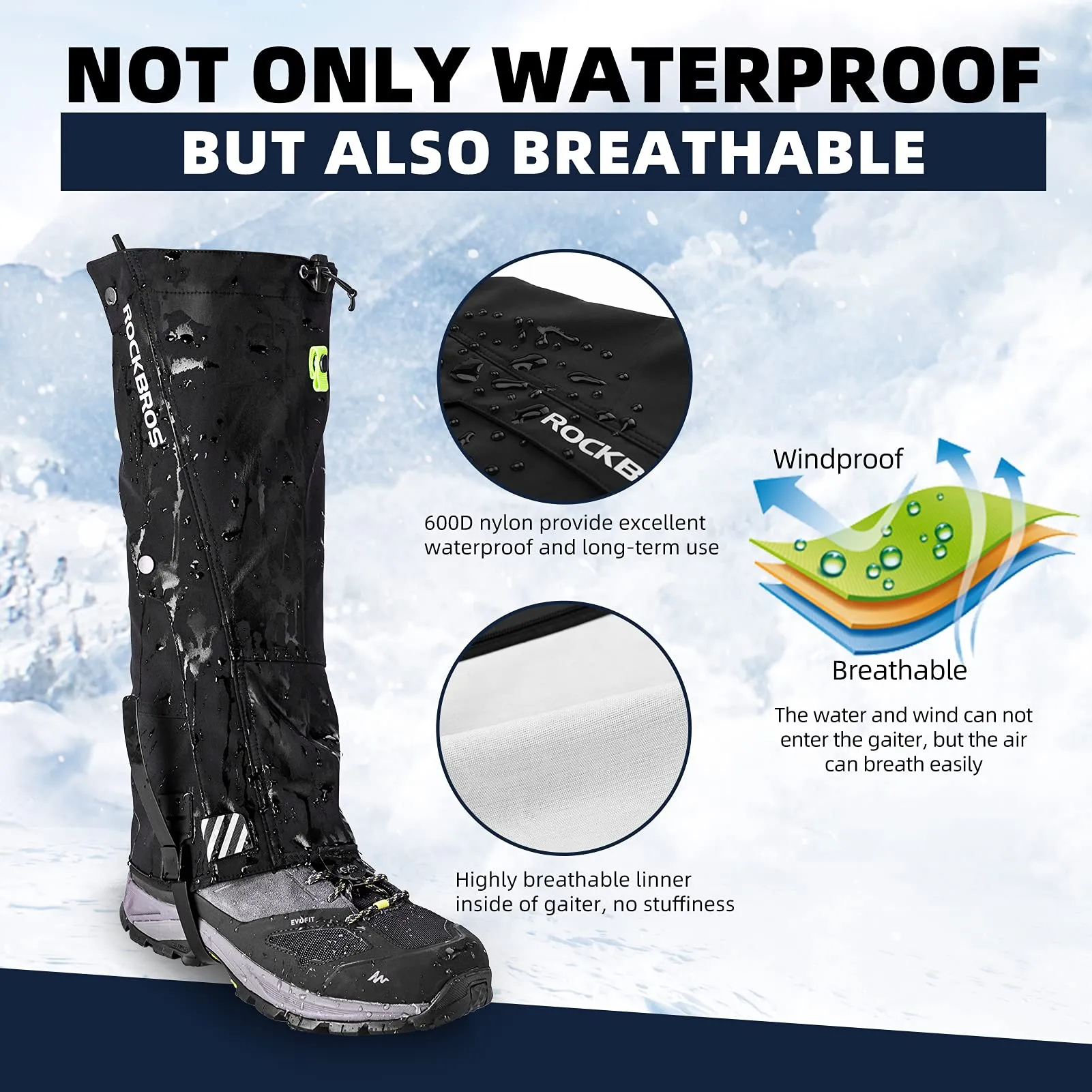 ROCKBROS Snow Boot Leg Gaiters, Waterproof Hiking Gaiters for Winter Sports and Snow Shoes