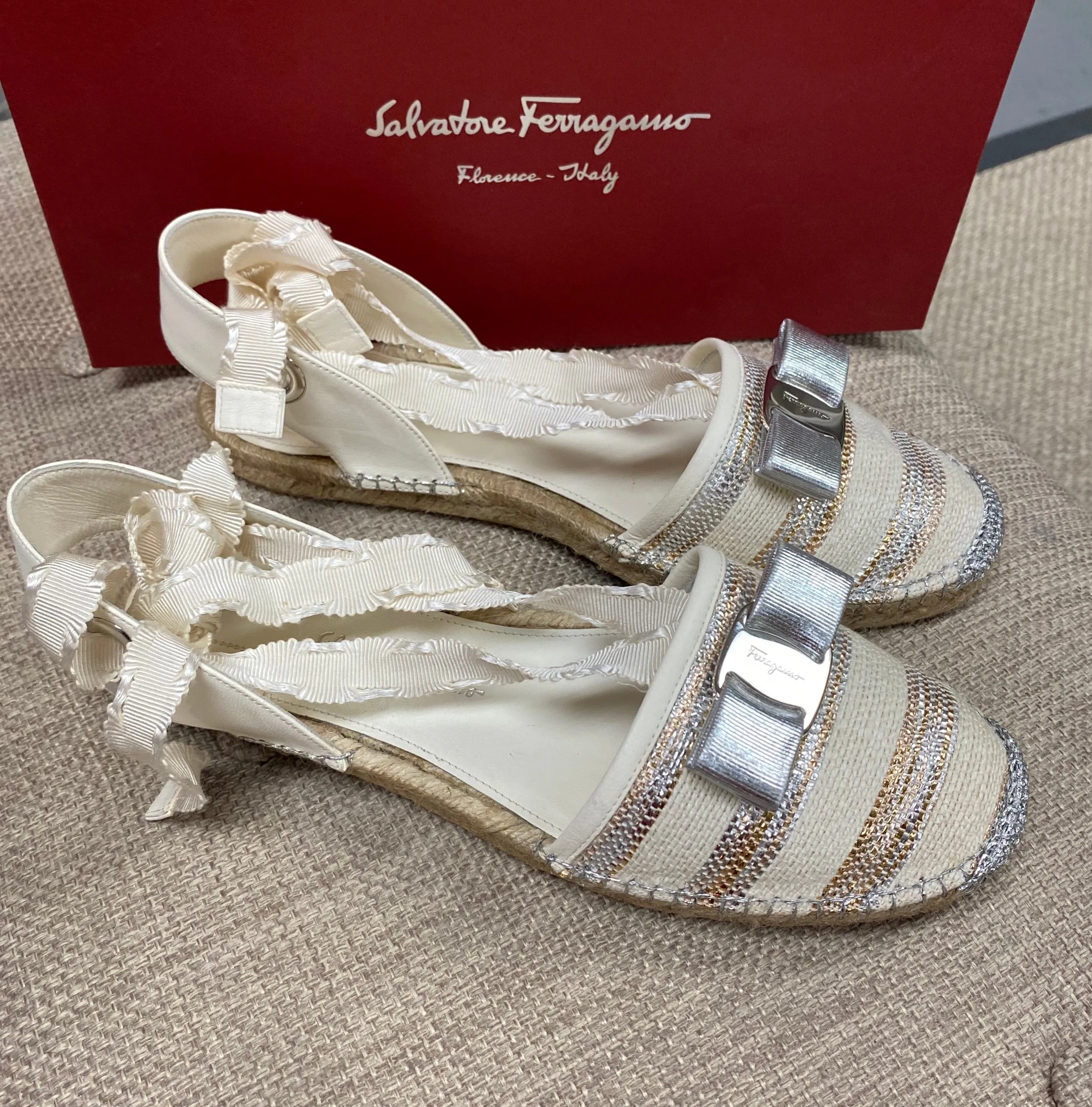 Salvatore Ferragamo Eileen Cream and Silver Espadrilles