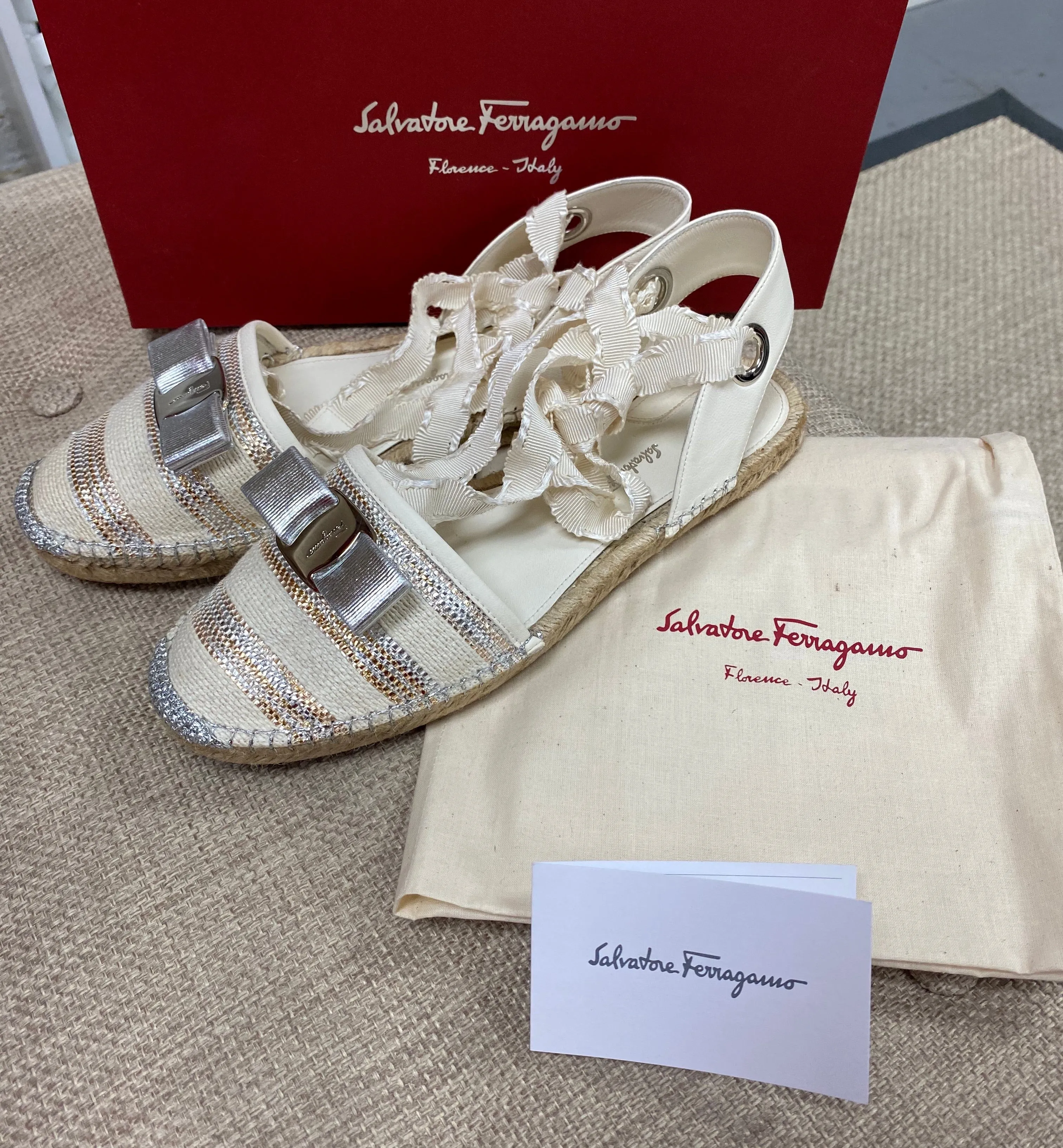 Salvatore Ferragamo Eileen Cream and Silver Espadrilles