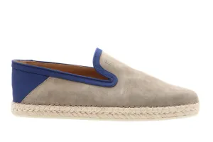 Tods Mens Grey Suede Navy Blue Trim Espadrille with Raffia Sole