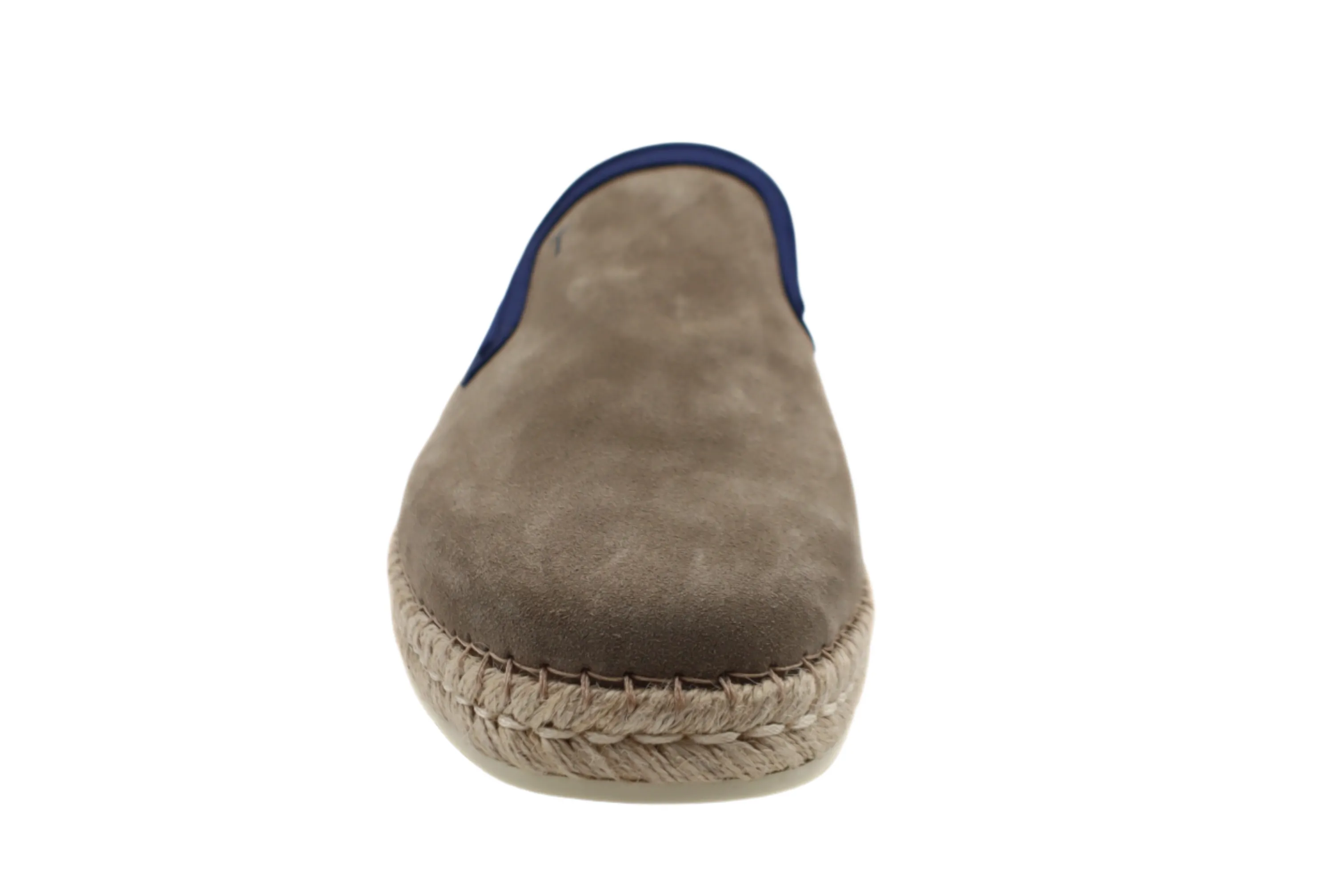 Tods Mens Grey Suede Navy Blue Trim Espadrille with Raffia Sole