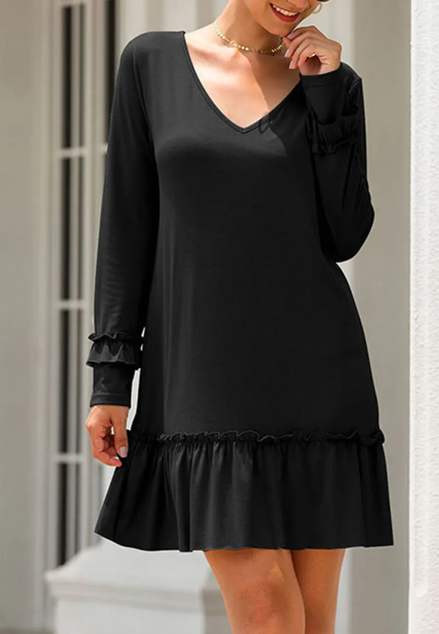 V Neck Ruffle Hem Dress