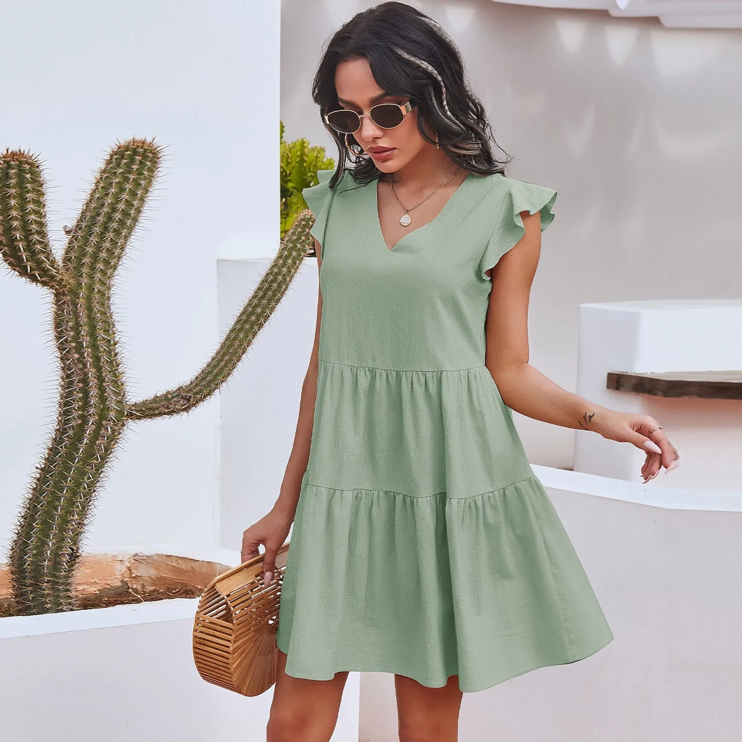 V Neck Ruffle Sleeve Dress