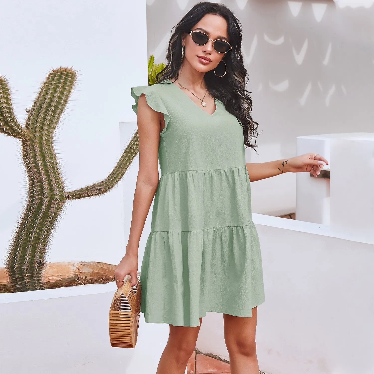 V Neck Ruffle Sleeve Dress