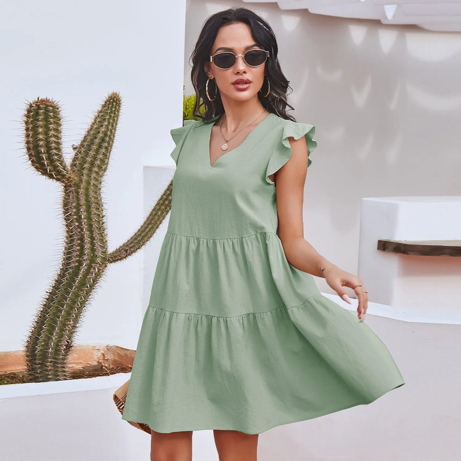 V Neck Ruffle Sleeve Dress