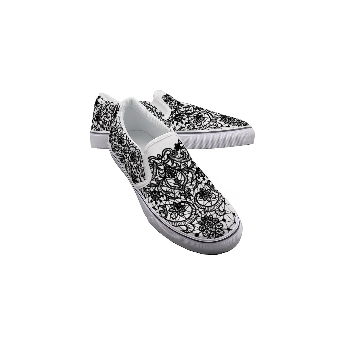 Women's Slip On Sneakers 233 white with black lace edge print