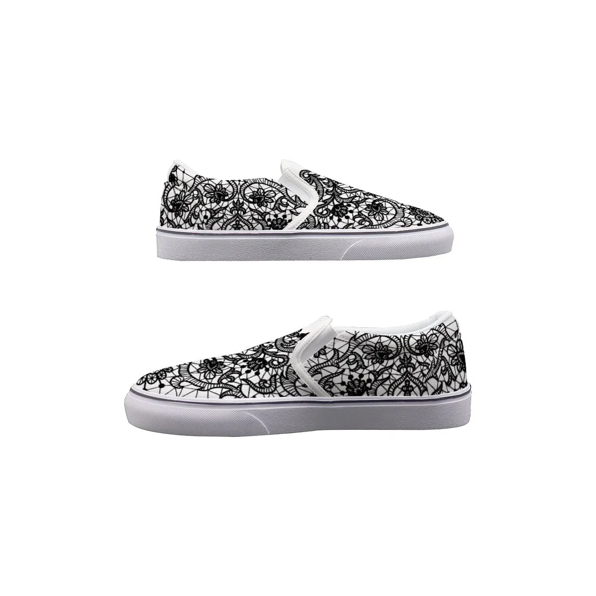 Women's Slip On Sneakers 233 white with black lace edge print